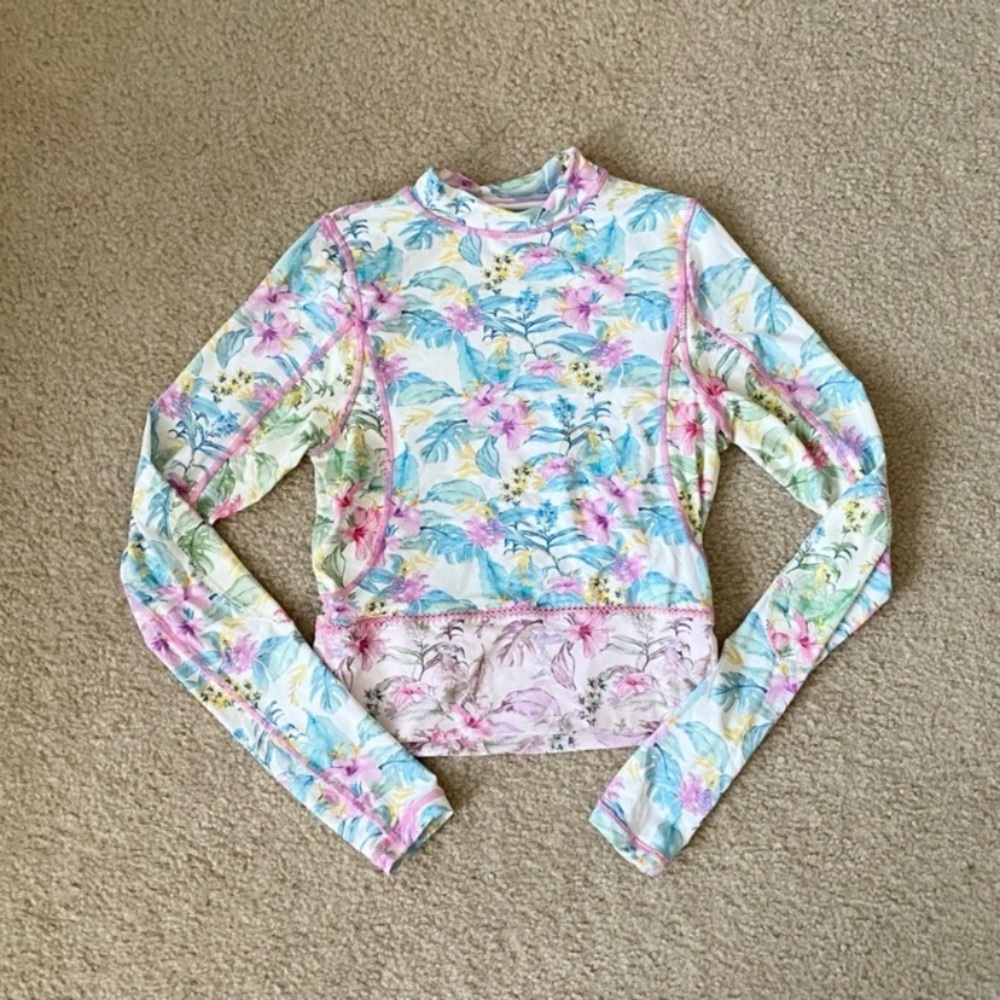 LoveShackFancy Floral Print Long Sleeve Top in Pastel Pink & Blue